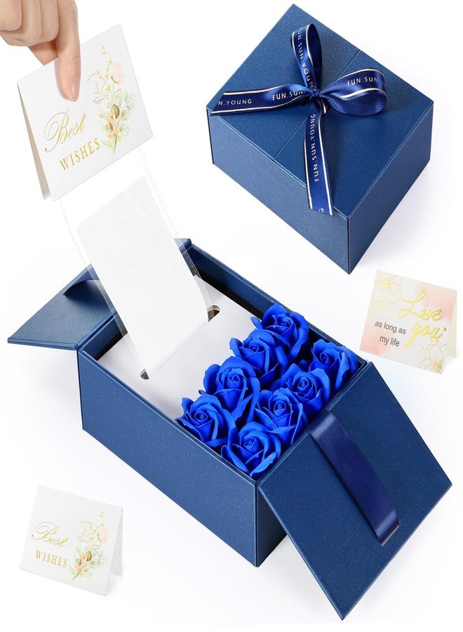 Resholder Valentine's Day Money Pull Box for Cash Gift Birthday Money Pull out Gifts with 8 Rose 2 Greeting Card 1 Light String for Mom Husband Wife Anniversary Christmas(Dark Blue) - Image 1